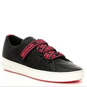 MICHAEL KORS Casey Logo Tape Leather Sneaker Black Pink Size 7M